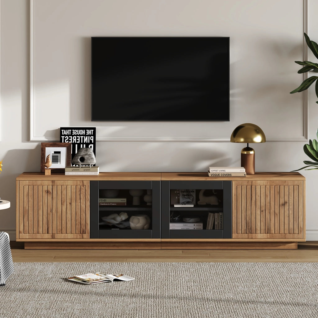 Cassettiera TV colore naturale e nero in truciolare lunga 180 cm