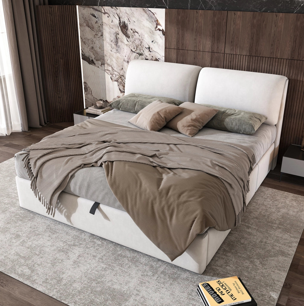 Letto imbottito 160x200 cm con contenitore; 3 cassetti; alzata idraulica; velluto beige