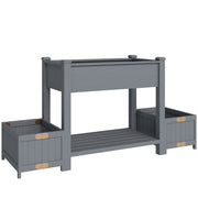 Fioriera Rialzata 149x46x76 cm con 2 Vasi Laterali e Ripiano per Attrezzi in Legno di Abete Grigio