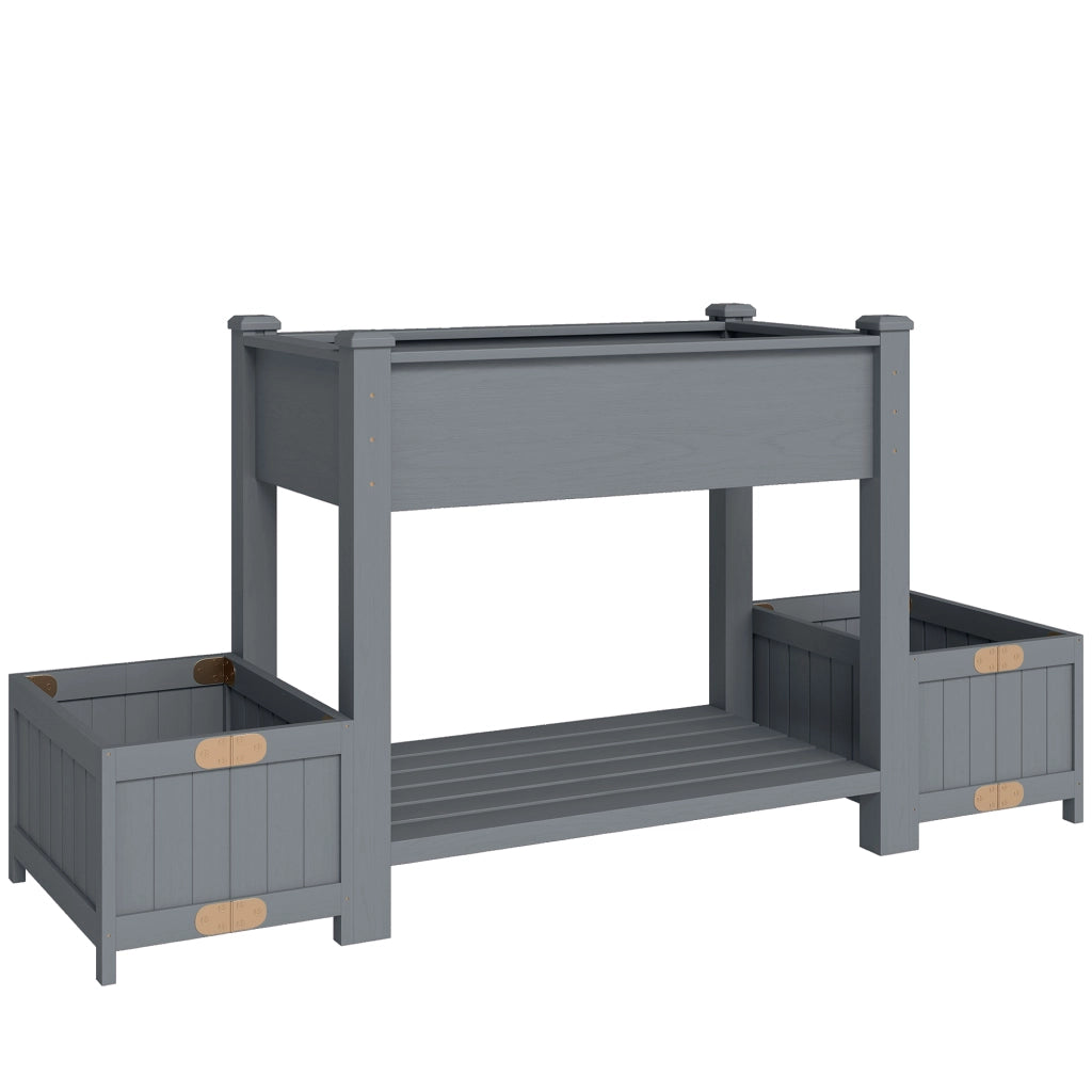 Fioriera Rialzata 149x46x76 cm con 2 Vasi Laterali e Ripiano per Attrezzi in Legno di Abete Grigio