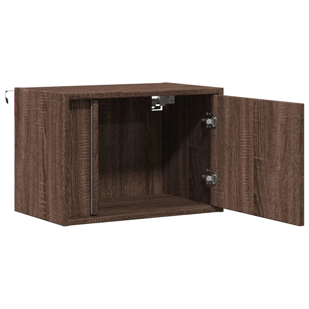 Set di 2 Comodini | Armadio da Notte | Mobiletto da notte a Parete con luci LED Rovere Marrone