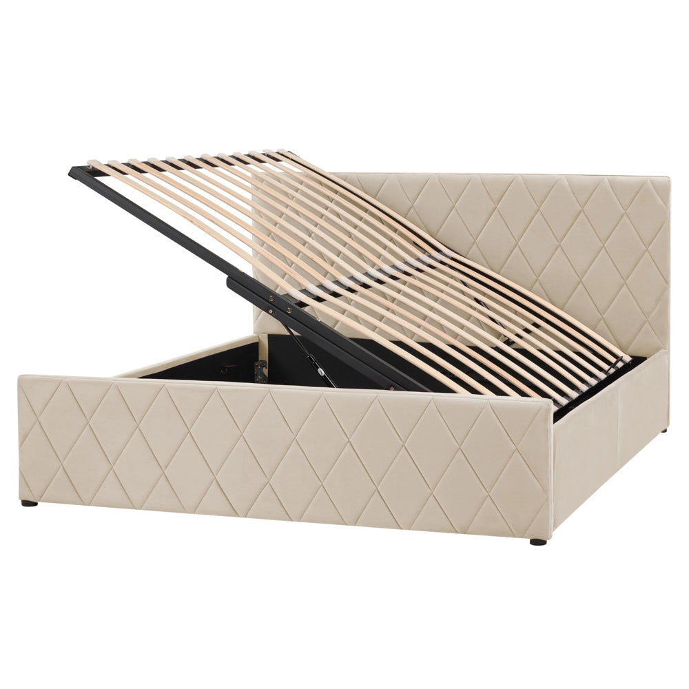 Letto contenitore Rivestimento in velluto beige 160 x 200 cm con testiera trapuntata a diamante con base a doghe
