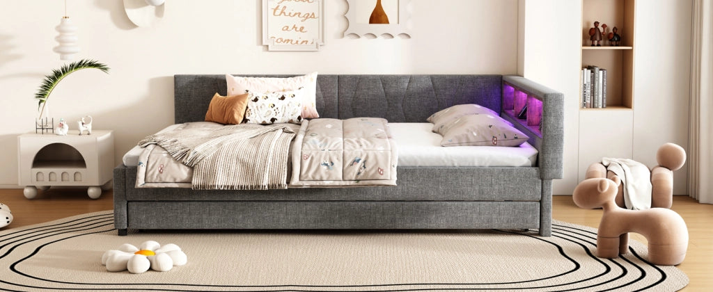 DESMIU Letto a giorno 140 × 200 cm 2 posti con USB, Type-C e LED, senza materasso, in lino, grigio