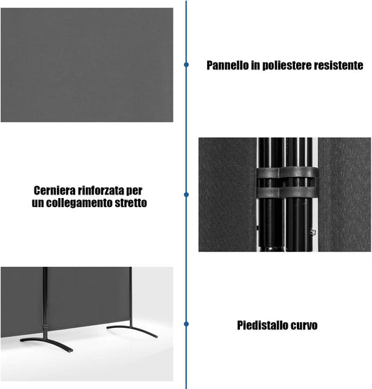 Paravento da Interno in Metallo, Separé Divisorio Interno Pieghevole con Piedini Stabili, Pannelli Divisori per Interni per Casa e Ufficio, 260 x 183cm, 3 Pannelli, Grigio