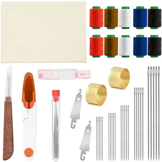 Set di 44 aghi in acciaio con grande occhio, comprensivo di 25 aghi in acciaio, 1 paio di pinze, 2 cacciaviti per aghi, 10 fili, 2 copriago, 1 contenitore per accessori da cucito e 1 ago da cucito.