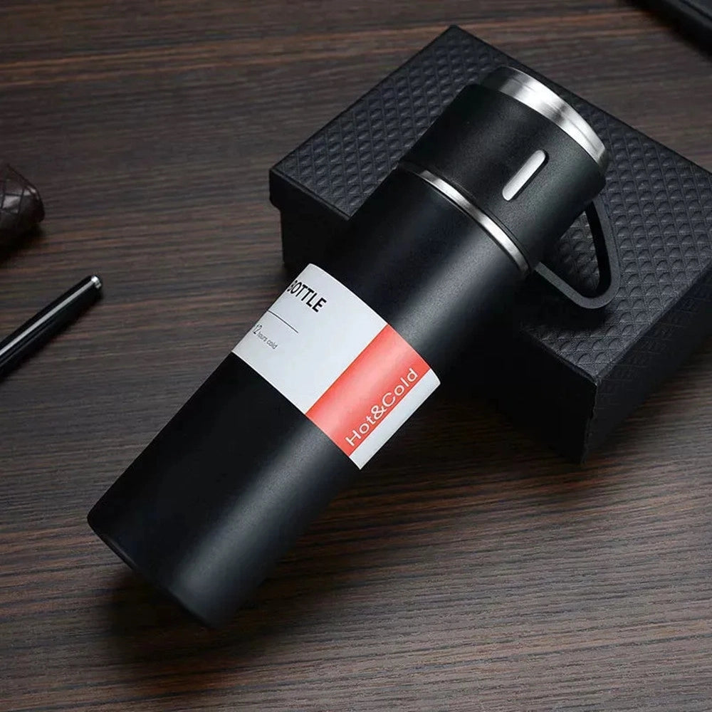 Trade Shop - Set Thermos In Acciaio Infrangibile A Doppia Parete Da 500 Ml Con 2 Tazze Termiche Regalo -