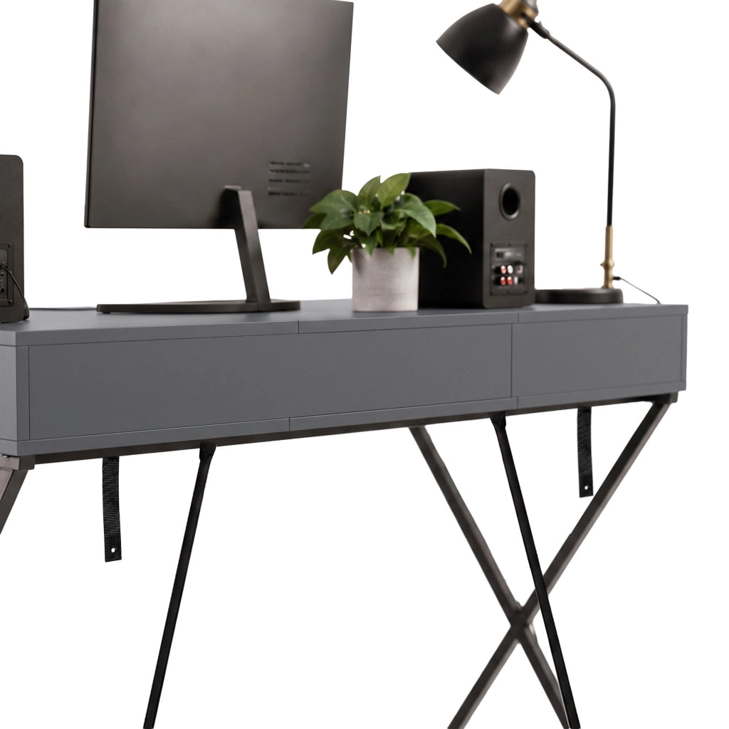 Scrivania PC industriale Grafite CROSSLINE 120 cm 2 cassetti 1 ripiano gambe nere