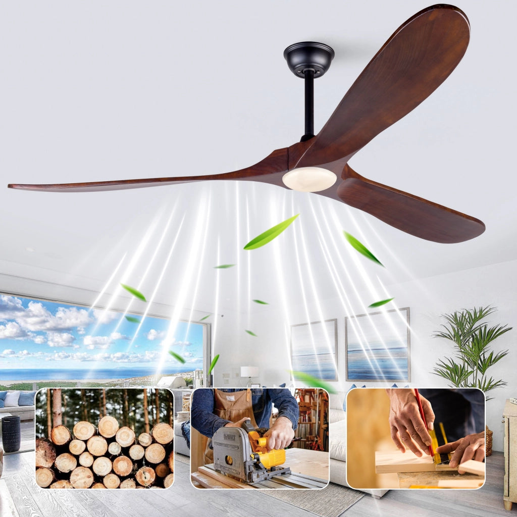 Ventilatore da soffitto da 70 pollici con luce LED; telecomando e 3 pale in legno massello