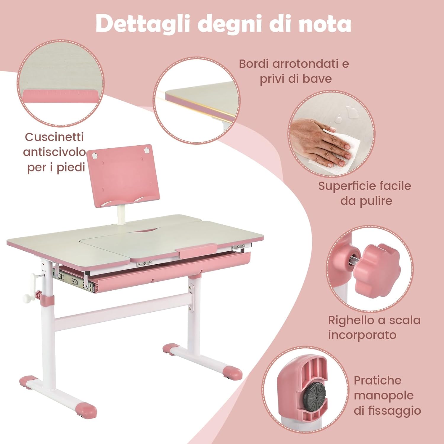 Scrivania per Bambini, Tavolo per Studenti con Regolabile in Altezza, con Piano Ribaltabile, Libreria, Cassetti e Righello di Misurazione, Ergonomica, Ideale per Bambini 3-12 Anni (Pink)