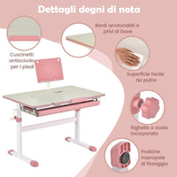 Scrivania per Bambini, Tavolo per Studenti con Regolabile in Altezza, con Piano Ribaltabile, Libreria, Cassetti e Righello di Misurazione, Ergonomica, Ideale per Bambini 3-12 Anni (Pink)