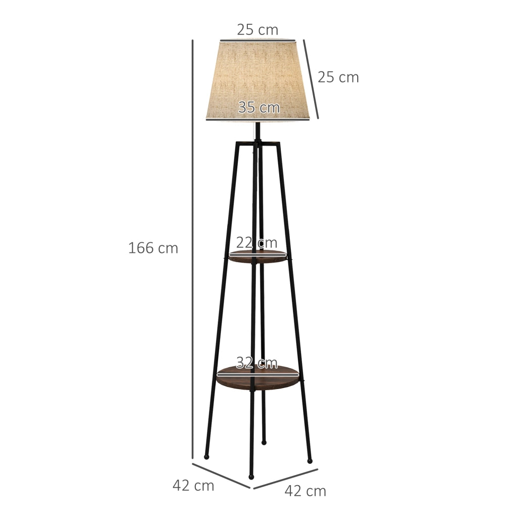 Lampada da Terra a 2 Ripiani in Metallo e MDF con Paralume in Tessuto, ?42x166 cm, Nero e Marrone