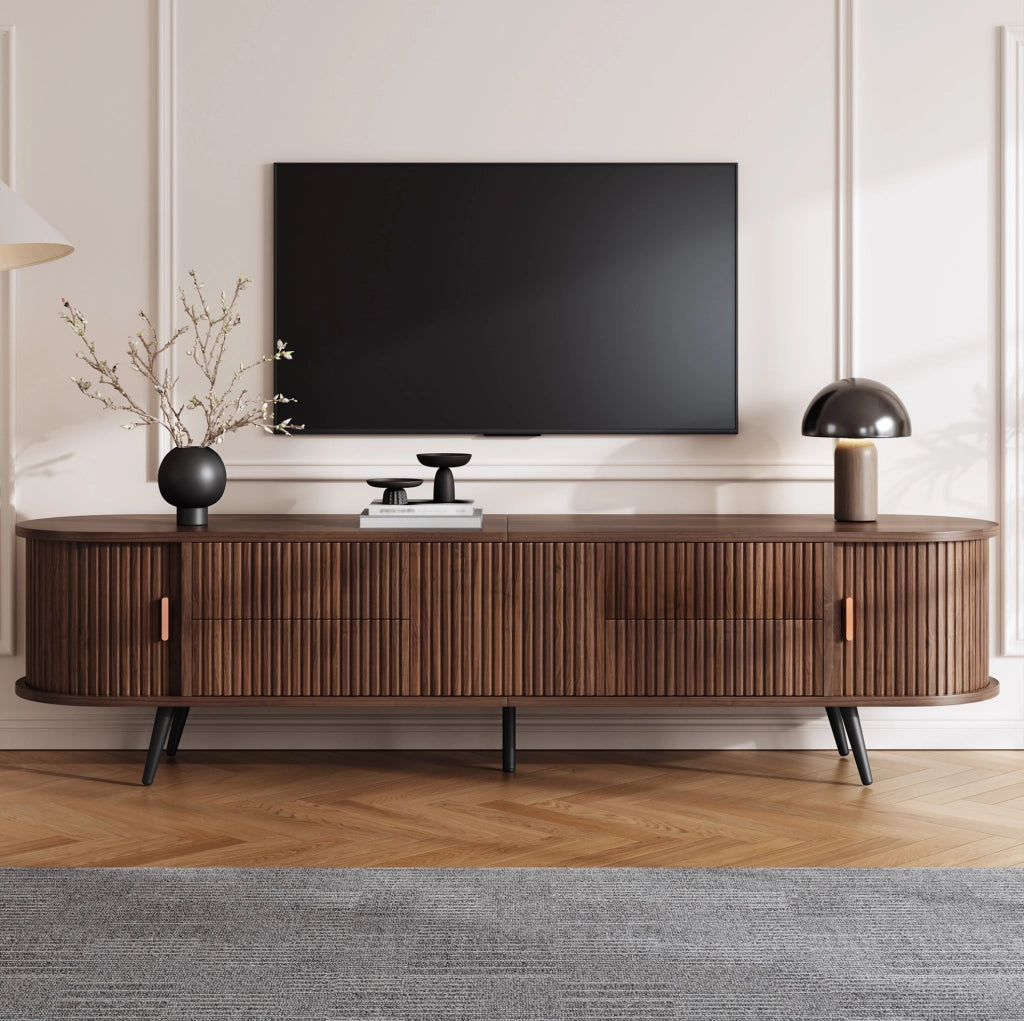 Mobile TV ovale 180x40x45 cm con 4 cassetti e anta a serranda; MDF noce