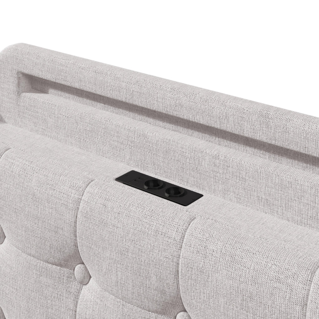 Letto Contenitore 140 x 200 cm - LED; USB; Tipo C e Vani Portaoggetti - Lino - Beige