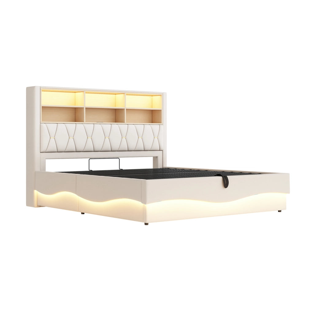 Letto Contenitore 180x200 cm Matrimoniale; LED; USB; con Testiera; in Ferro e Lino Beige