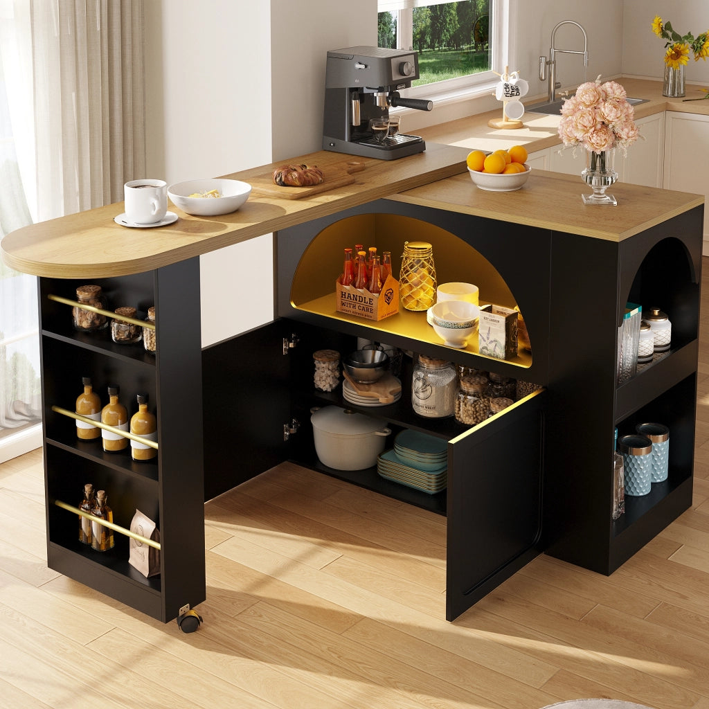TAVOLO BAR MOBILE 135-205x39x100 cm Nero con LED e rotelle