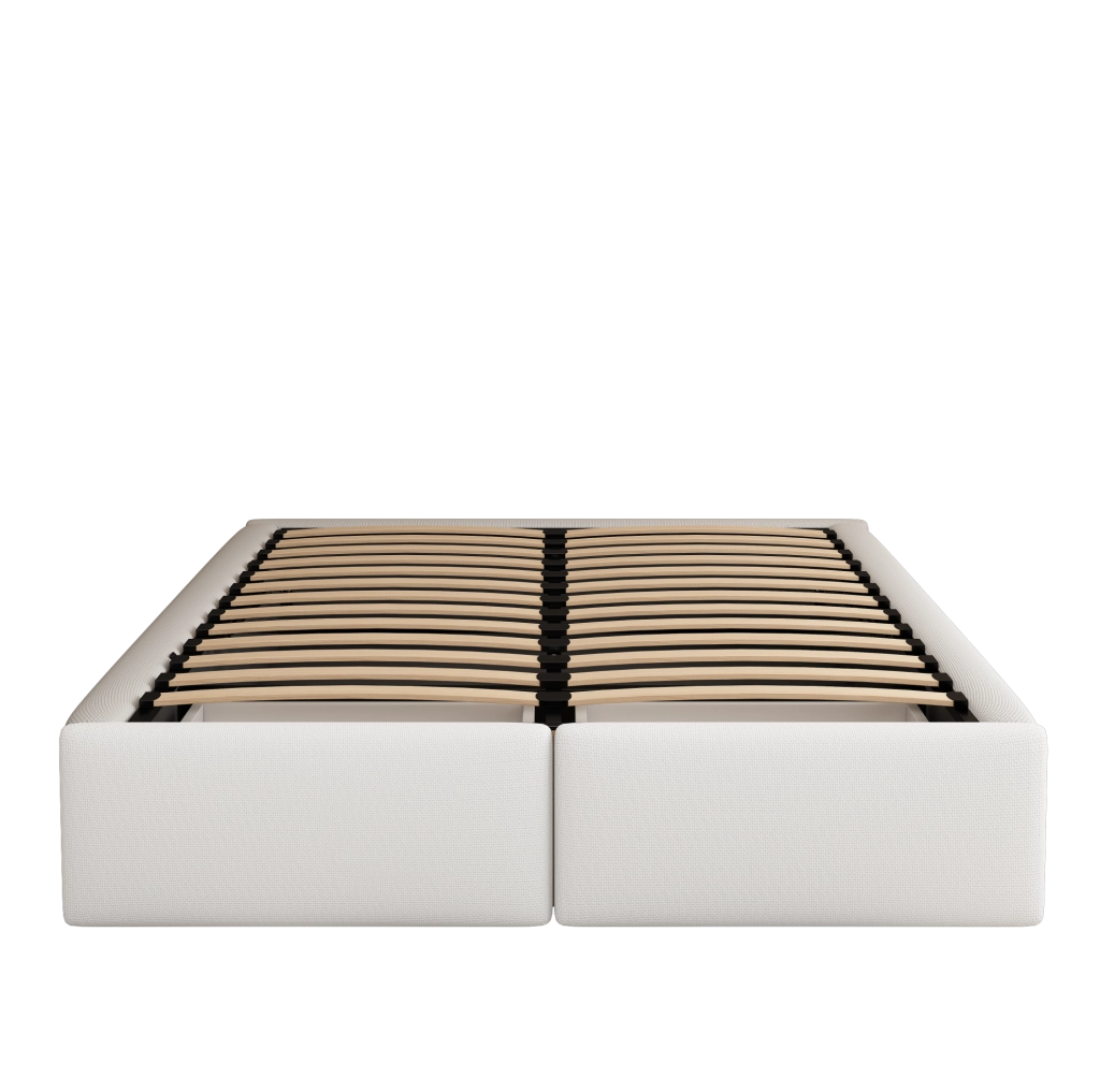 Letto imbottito 140x200 cm senza testiera con contenitore idraulico; 2 cassetti; bianco