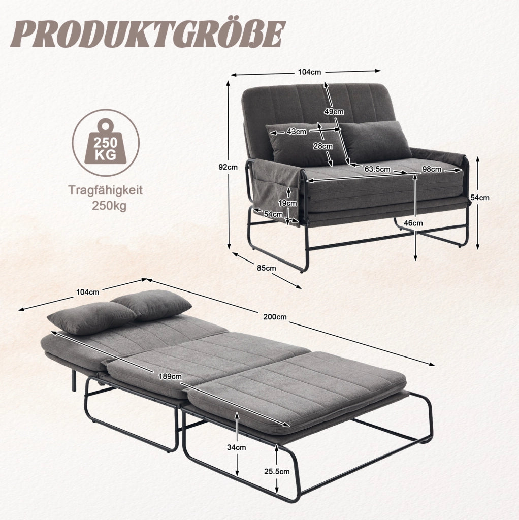 Divano letto 2 posti convertibile con struttura in metallo; chenille grigio; 104x85x92 cm