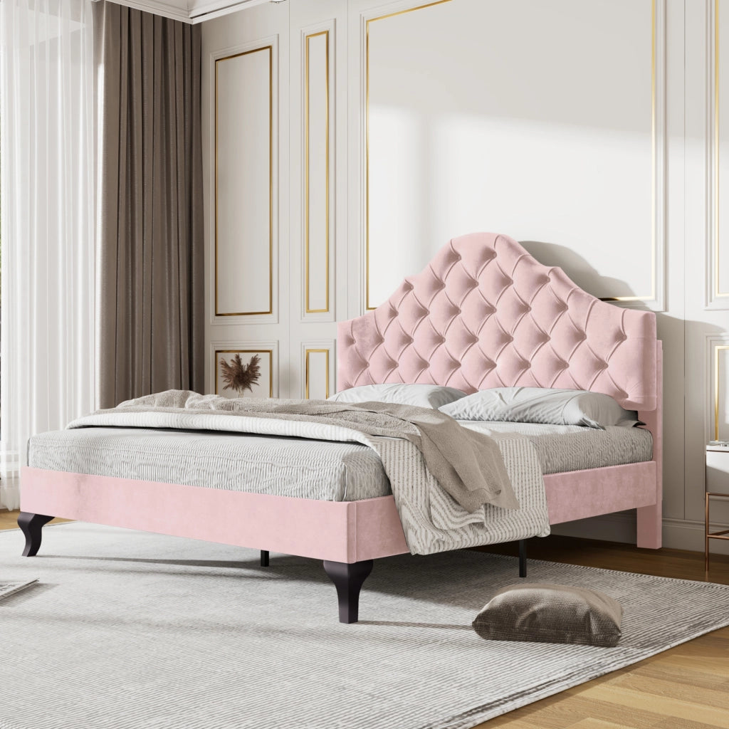 Letto imbottito in velluto rosa 140 x 200 cm con rete a doghe