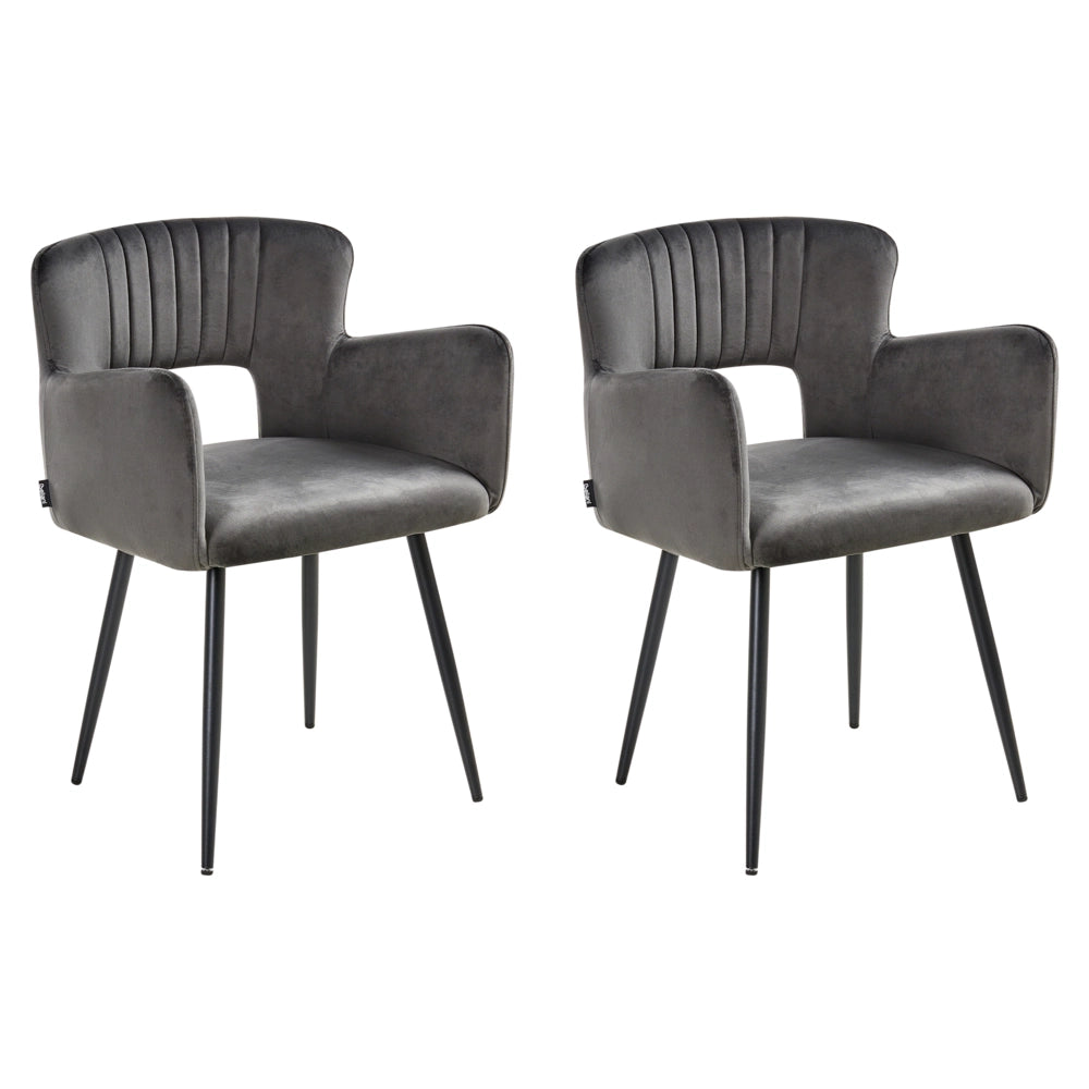 Set di 2 sedie da pranzo velluto grigio scuro braccioli schienale intagliato gambe in metallo moderna industriale