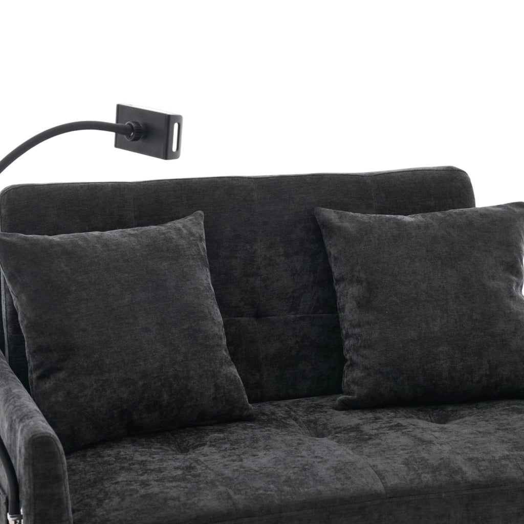 Divano convertibile moderno con porta USB e supporto tablet in tessuto effetto lino nero 109 × 72 × 83,5 cm