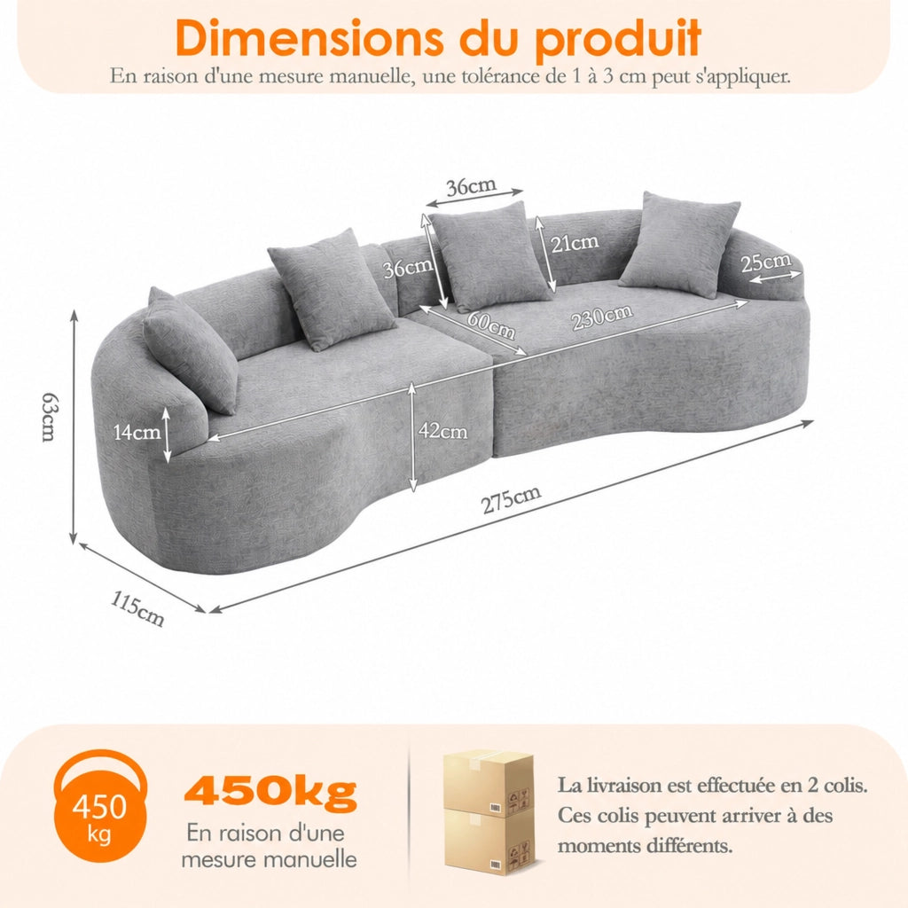 Divano angolare modulare 4 posti in ciniglia con design curvo e seduta ampia, per salotto, grigio 275 × 115 × 63 cm