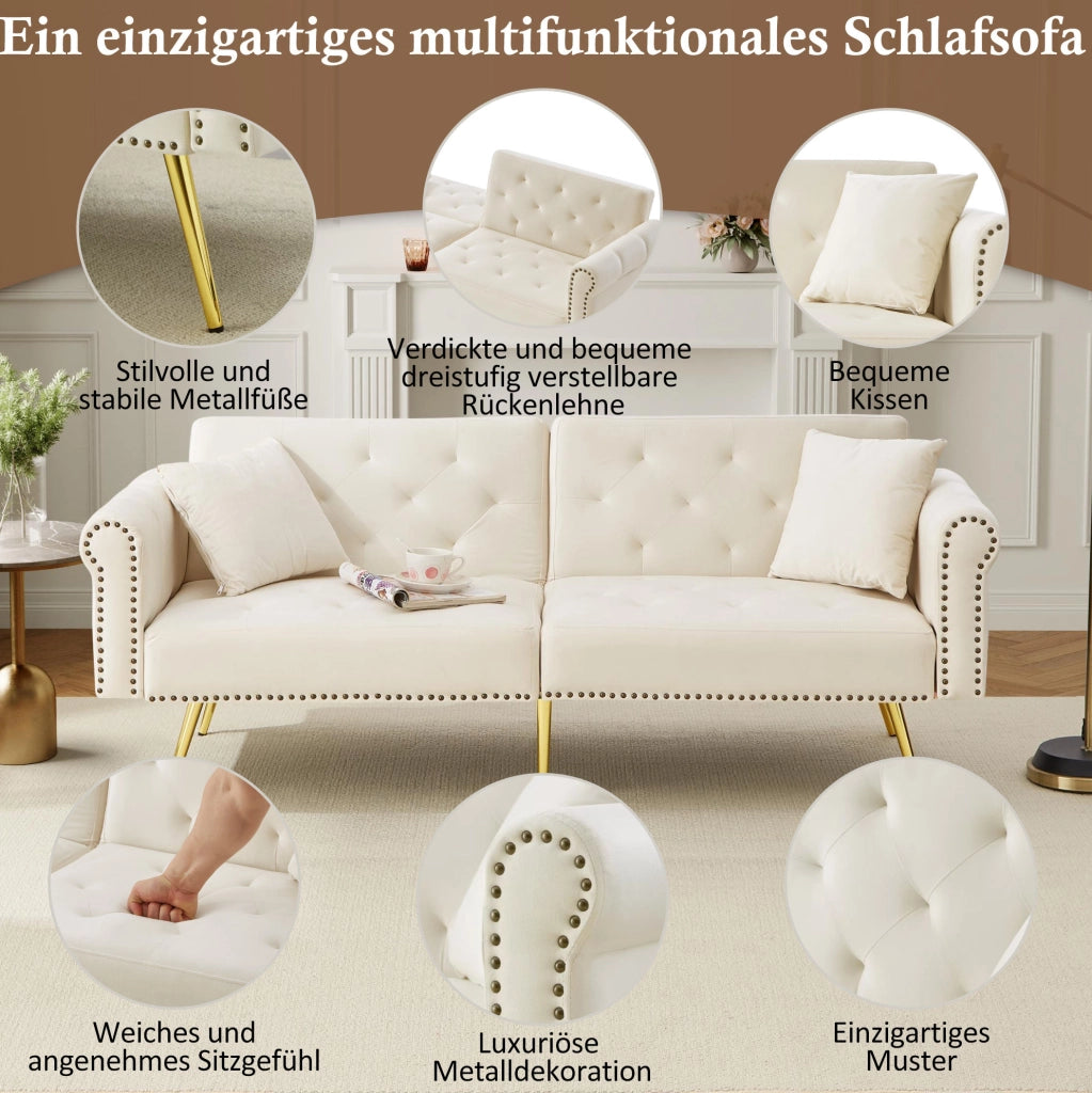 Divano letto 2 posti in velluto beige con schienali reclinabili