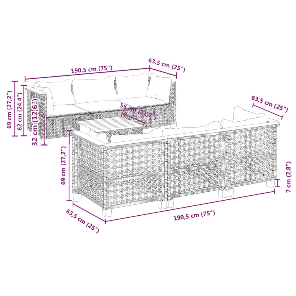 Set Divani da Giardino 7 pz con Cuscini Grigio in Polyrattan