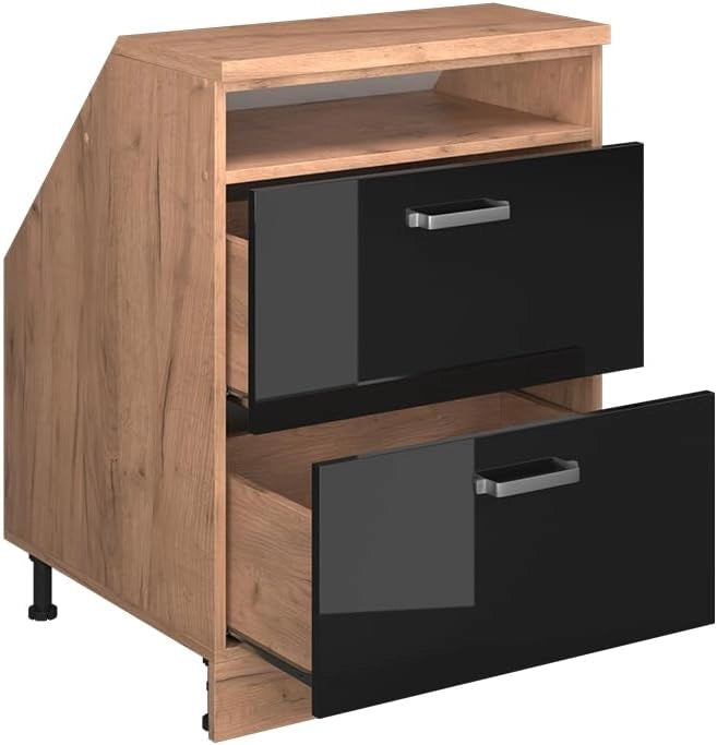 Mobile sottotetto Rion, Nero lucido, 60 x 81.6 cm con 2 cassetti, carcassa 60 cm profondità, adatto per il salvaspazio sotto tetti spioventi