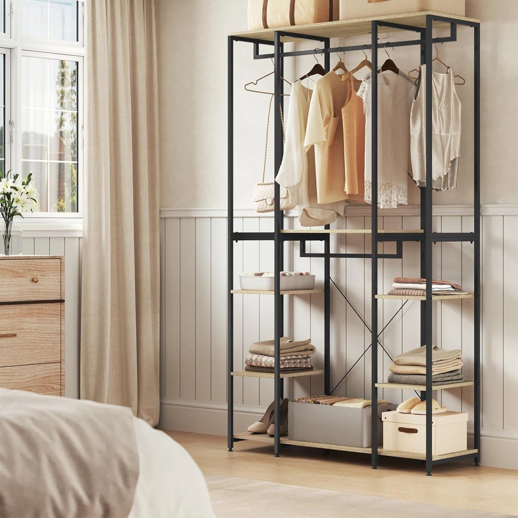 Stand Appendiabiti con Ripiani Attaccapanni Guardaroba Scaffale Porta Abiti in Legno Acciaio 120x40x201 cm