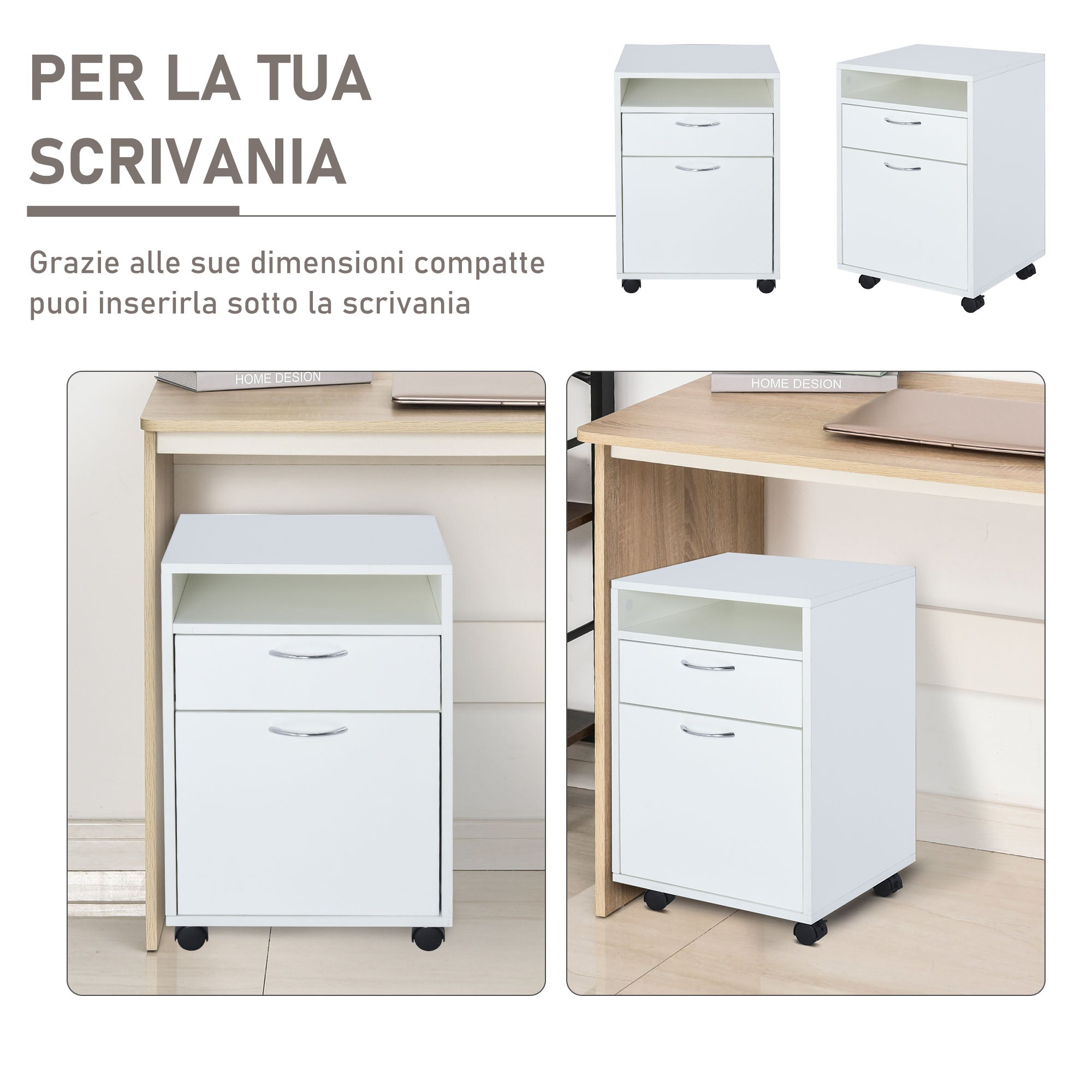 Cassettiera Portadocumenti da Ufficio in Legno con 2 Cassetti e Ruote Bianco 40x35x60 cm