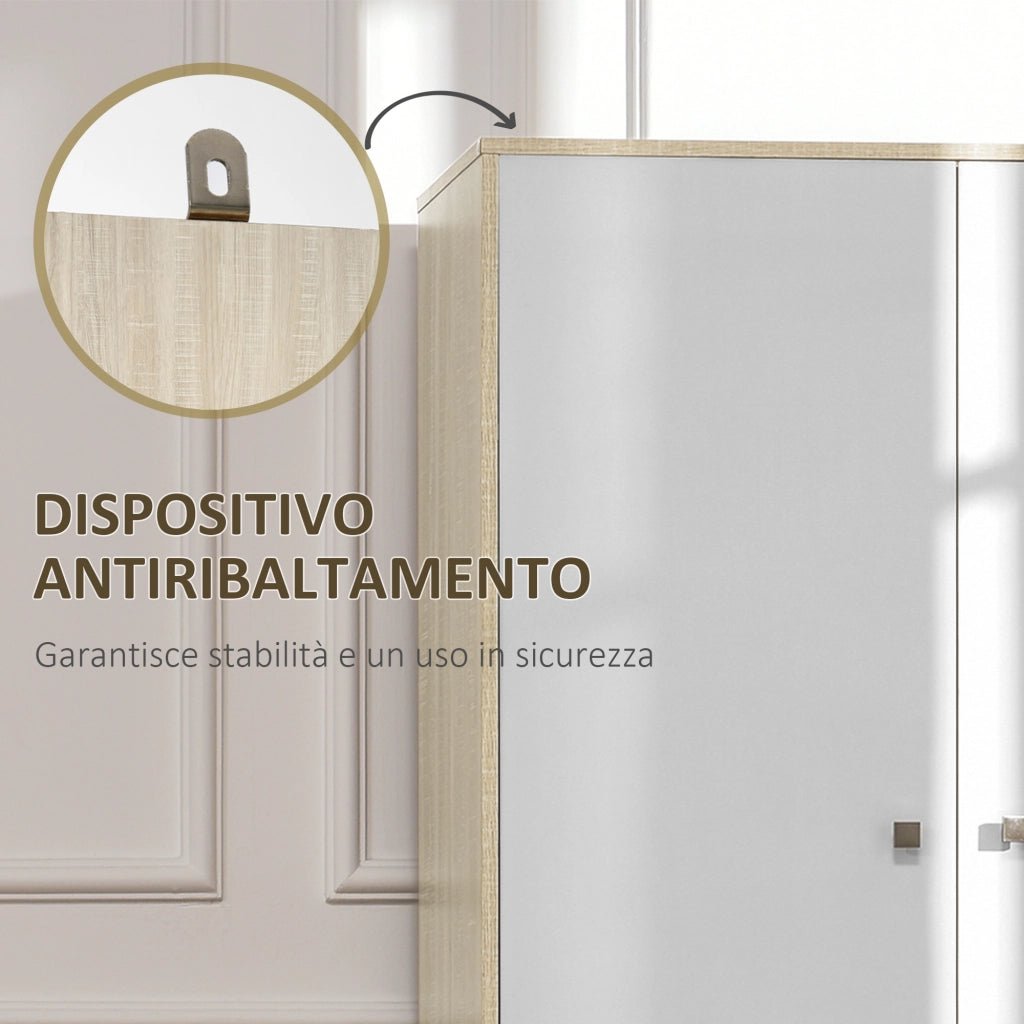 EasyComfort Armadio 2 Ante in Legno con 4 Vani, 2 Cassetti e Appendiabiti, Color Legno e Bianco, 90x50x190cm