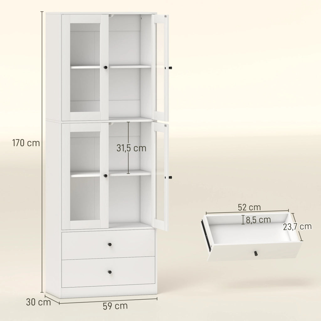 Armadio Cucina con Ante Vetrate e 2 Cassetti ¨C Zephmum ¨C 59x30x170 Bianco