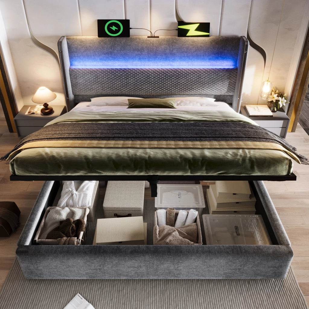 Letto matrimoniale con contenitore 180x200 cm in lino grigio con testiera alta; LED e USB/Type-C