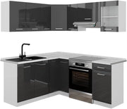 Cucina angolare completa Rick, Antracite lucido/bianco, 190 x 60 cm, PL Marmo, con elementi modulari espandibili per una pianificazione flessibile della cucina