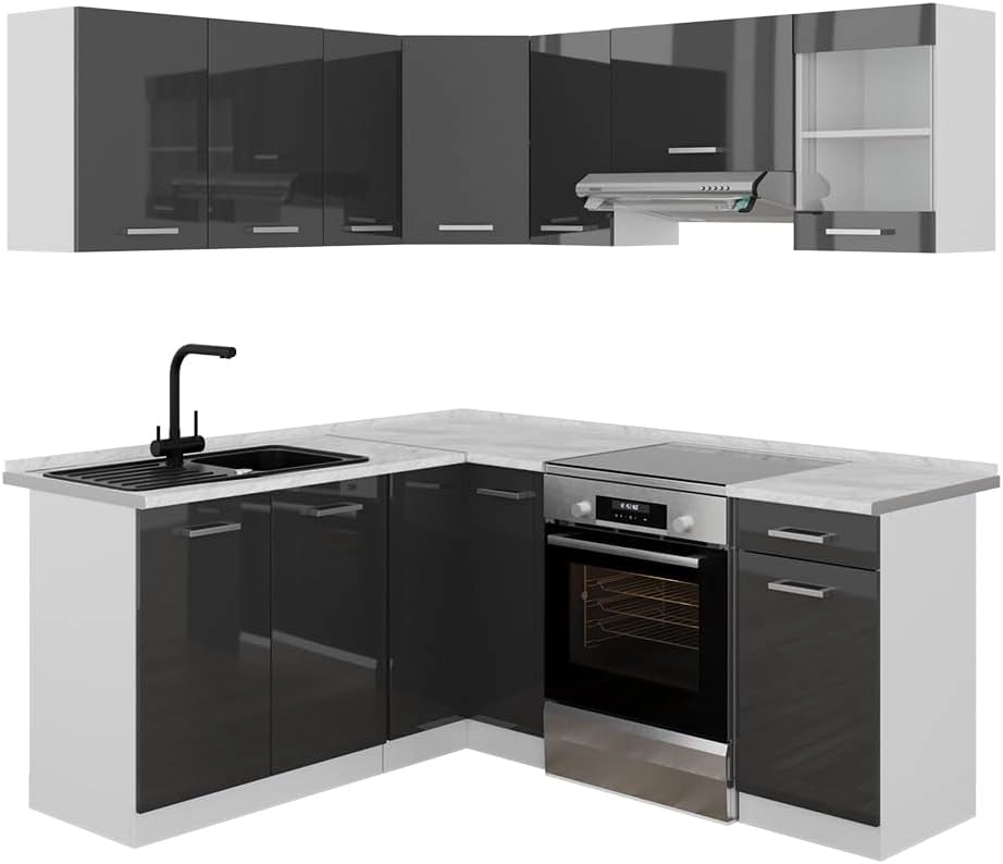 Cucina angolare completa Rick, Antracite lucido/bianco, 190 x 60 cm, PL Marmo, con elementi modulari espandibili per una pianificazione flessibile della cucina