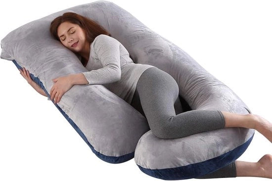 Cuscino per la gravidanza - Cuscino a forma di J completo per il corpo per dormire - copertura rimovibile lavabile - nutrizione per la gravidanza - grigio - blu velluto
