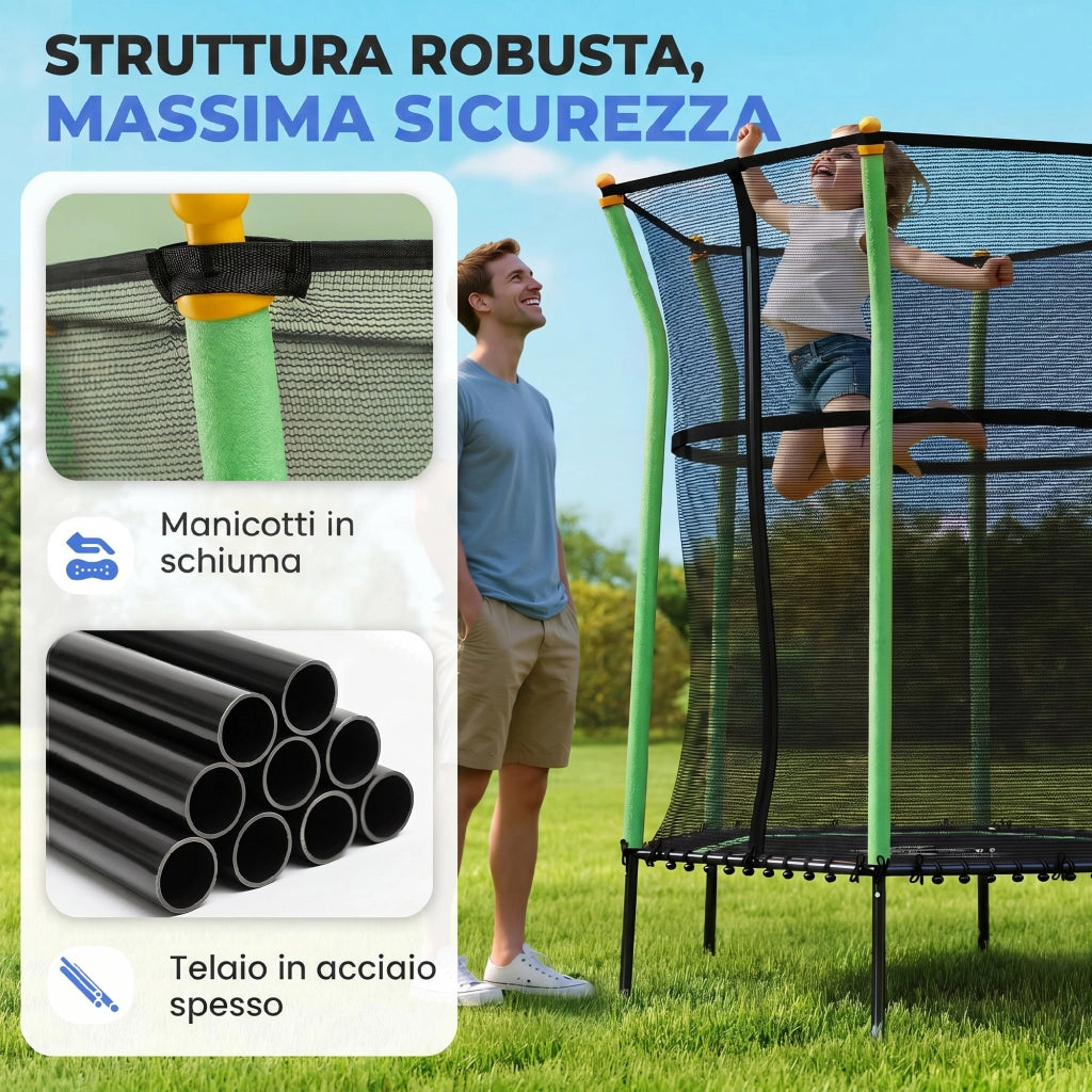 Trampolino Elastico per Bambini 3-10 Anni con Ingresso a Cerniera e Pali Imbottiti, ?163.5x190 cm, Verde