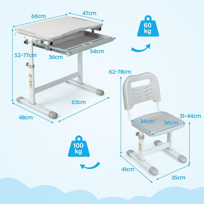 Set Scrivania e Sedia per Bambini, Set Tavolo con Altezza Regolabile per Bambini, Tavolo per Studiare con Superficie Inclinabile (Grigio)