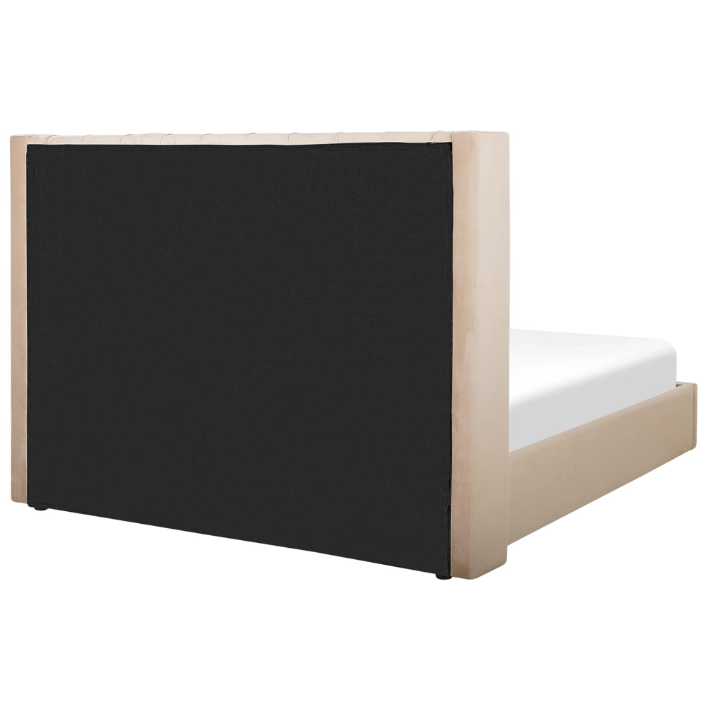 Letto con contenitore in velluto beige imbottito con testiera alta 18 m Super King Size