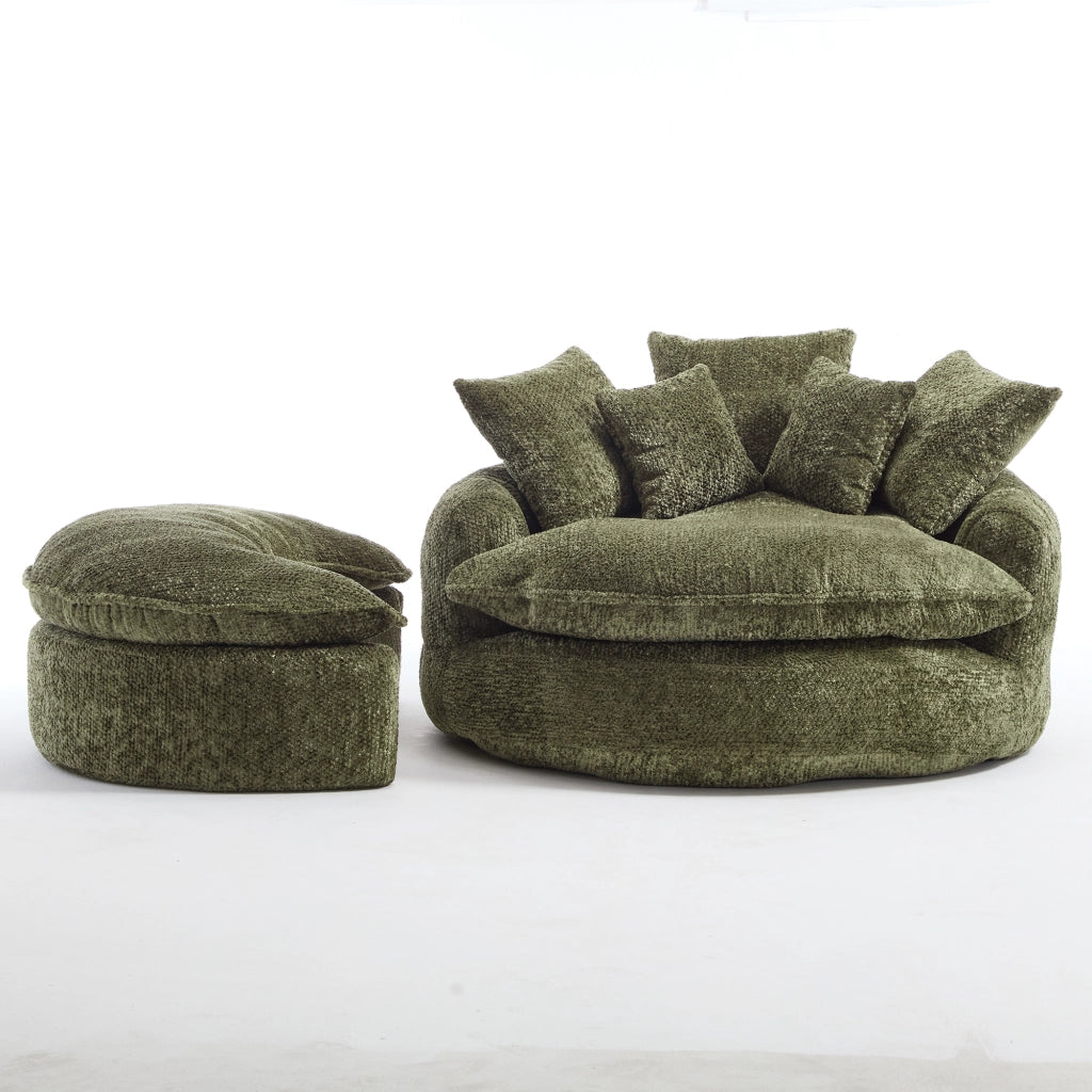 Poltrona lounge con braccioli doppi e cuscini abbinati in poliestere verde oliva per soggiorno e balcone