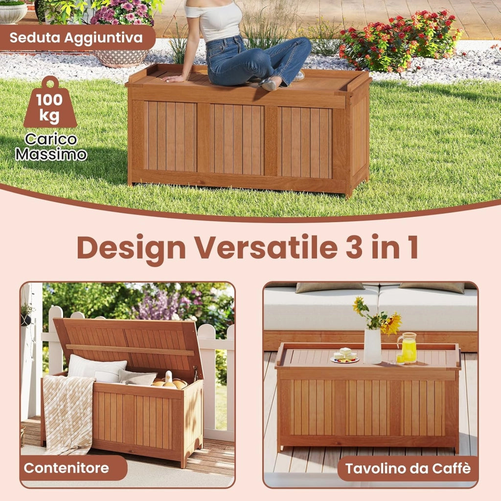 Baule da Giardino 220L, 3 in 1 Cassapanca Contenitore in Legno Massello con Coperchio Ribaltabile e Bordi Rialzati, Panca Portaoggetti per Interni e Esterni, 113,5 x 52 x 58,5 cm