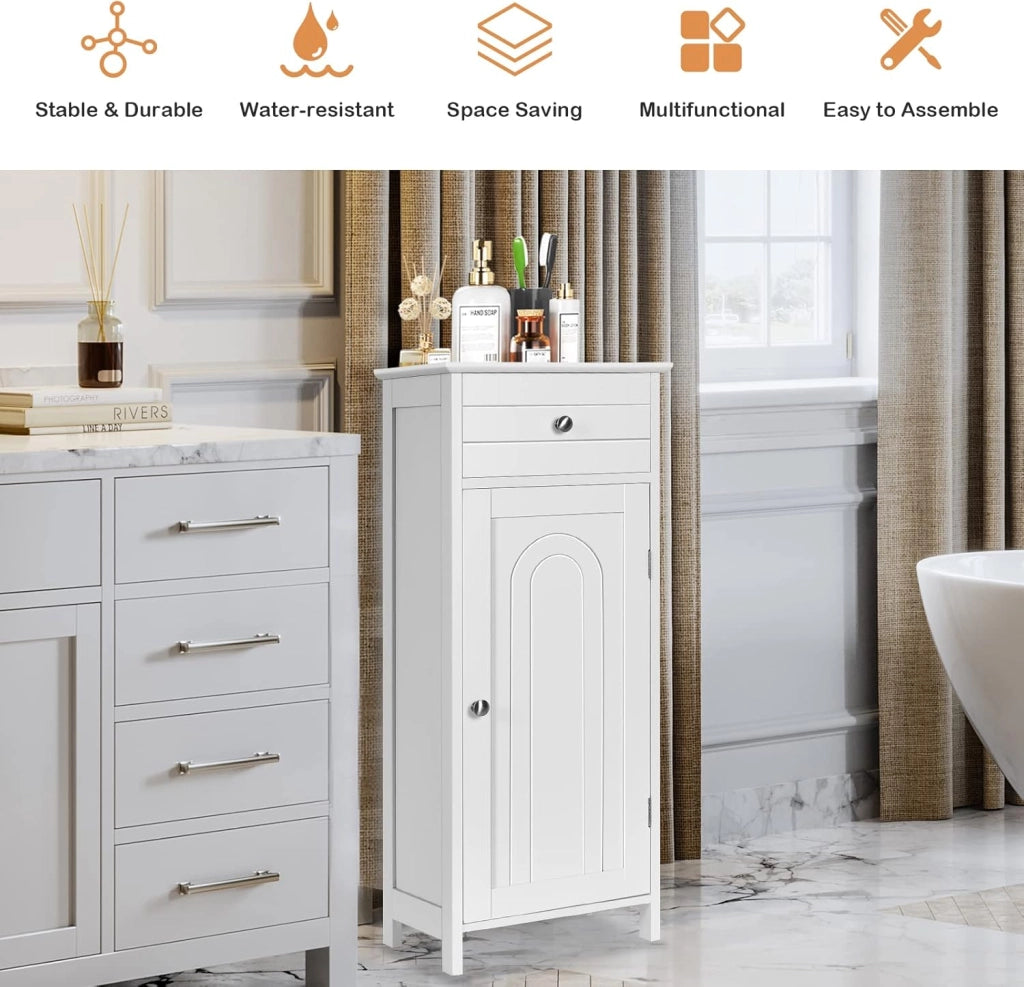 Armadietto Bagno da Terra, Mobiletto a 3 Ripiani con Anta, Cassetto, Manico, Spazio Interno Flessibile, Compatto e Salvaspazio, 35,5x30,5x88 cm, Bianco/Marrone/Grigio/Nero