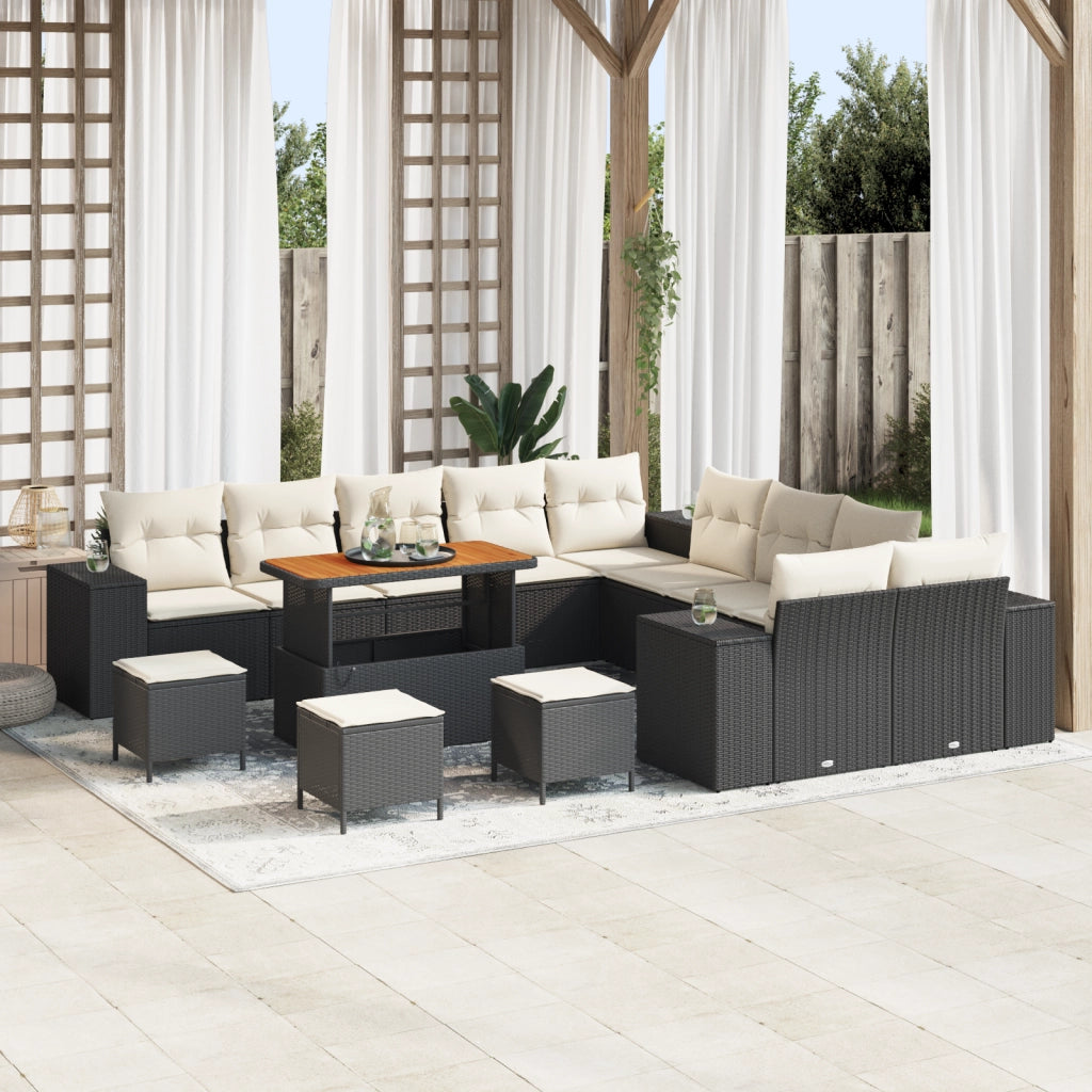 Set Divano da Giardino 14 Pezzi con Cuscini Nero Polyrattan Acacia