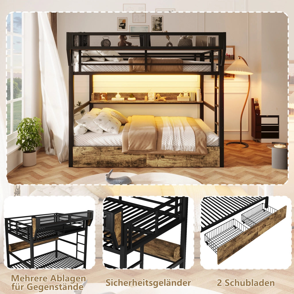 DESMIU Letto a castello 140 × 200 cm 2 posti con ripiano, cestino, 2 cassetti e LED, senza materasso, nero