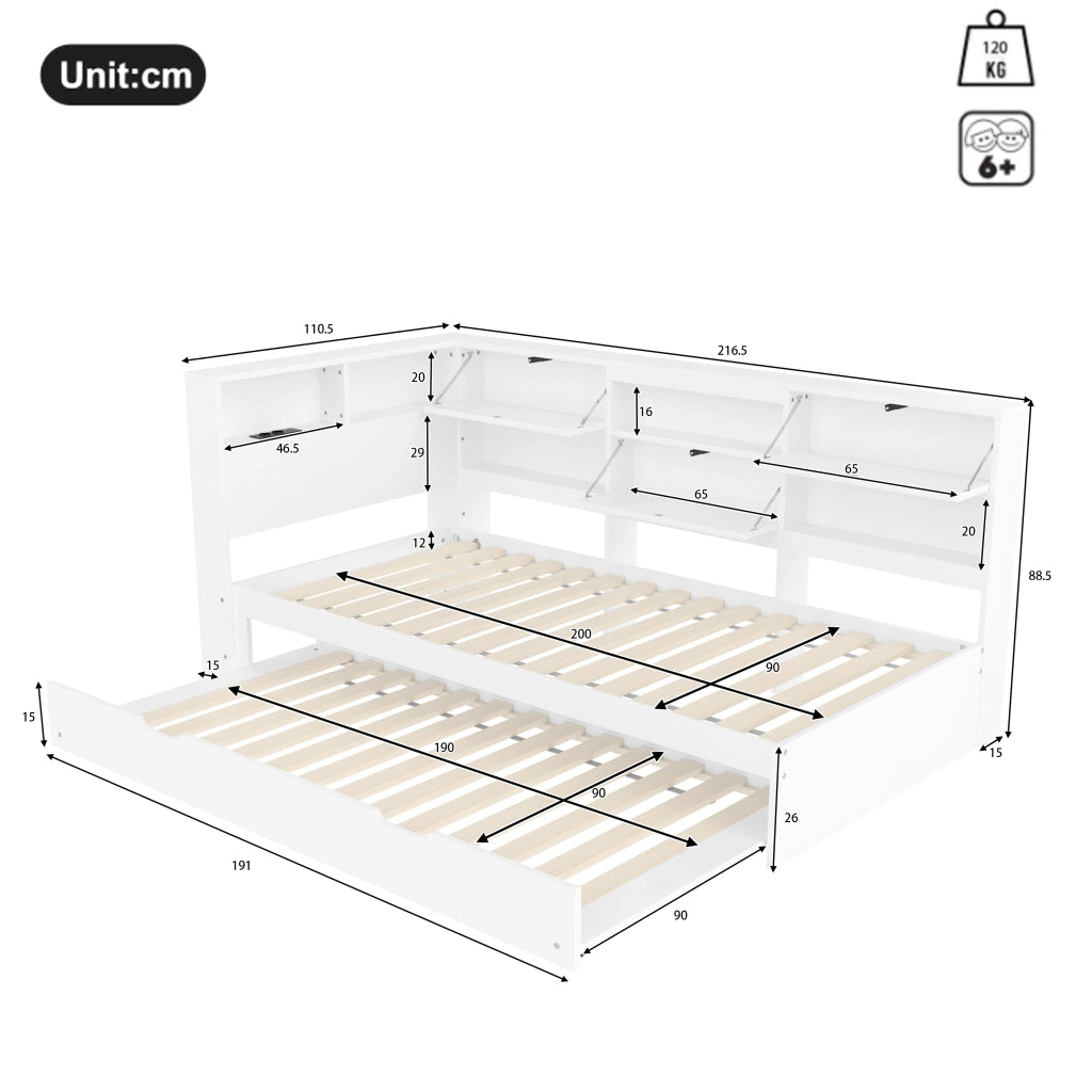 OKWISH Letto a Scomparsa 90×200 cm, Letto Singolo con Letto estraibile, USB, Type C e Contenitore, senza Materasso, Bianco