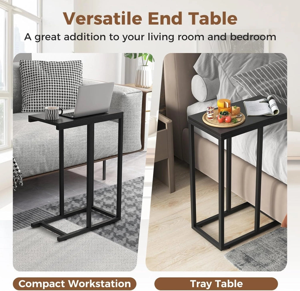 Tavolino a forma di C, tavolino da caffè per piccoli spazi, tavolo per laptop industriale, in legno e metallo, 45,5 x 25,5 x 64 cm (nero)