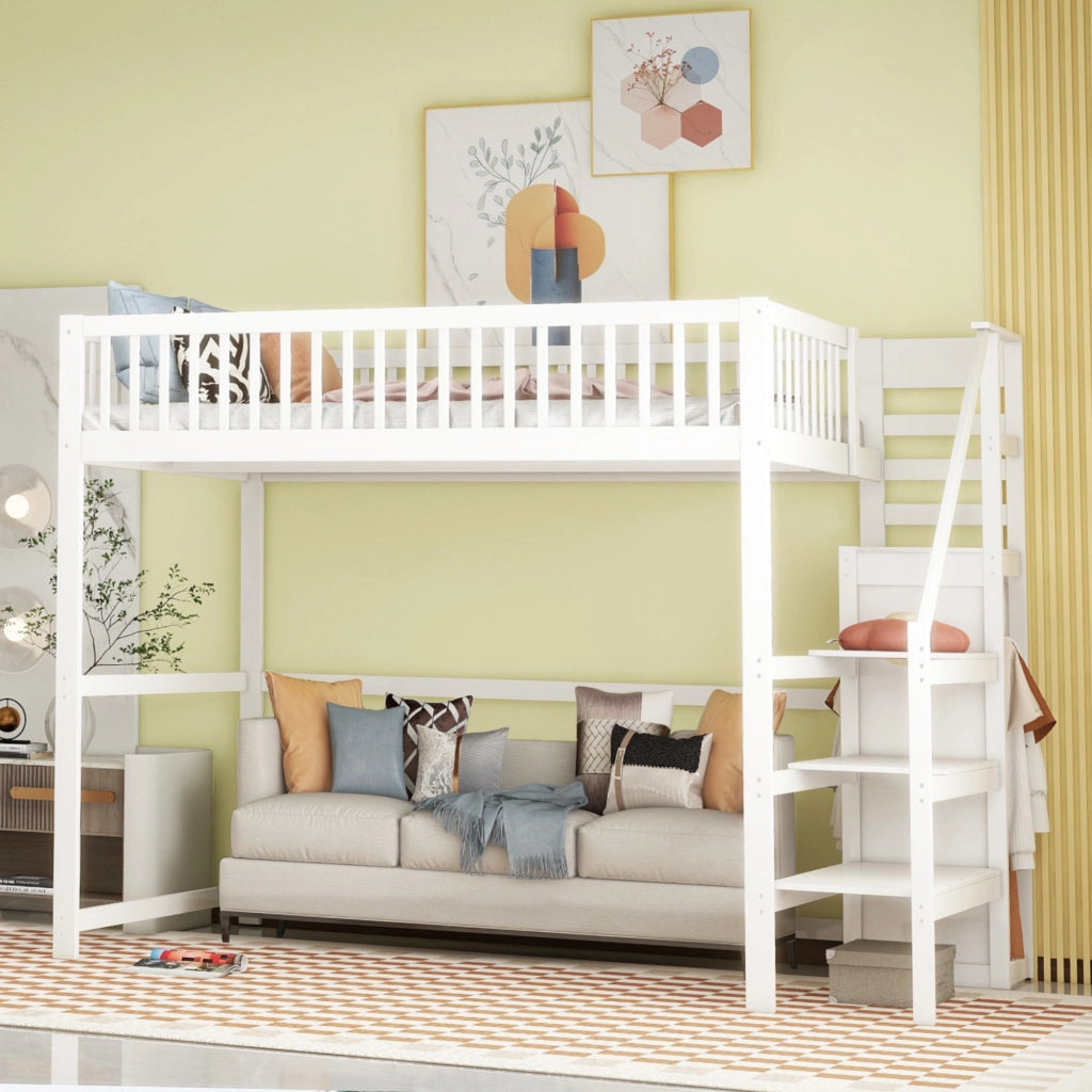 Letto a soppalco matrimoniale 140×200 cm con scala; guardaroba e 15 doghe; senza materasso; bianco