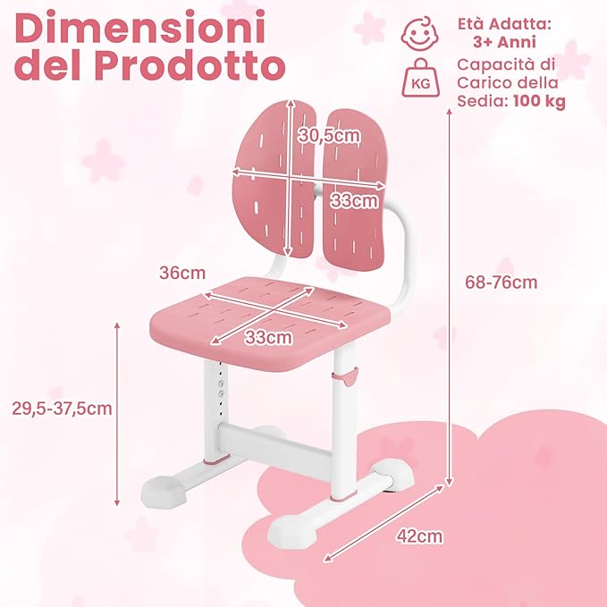 Sedia per Bambini 3+ Anni, Poltrona Ergonomica con Doppi Supporti Dorsali e Seduta Traspirante e Struttura in Metallo Resistente, Sedia Regolabile in Altezza per Camera da Letto (Rosa)