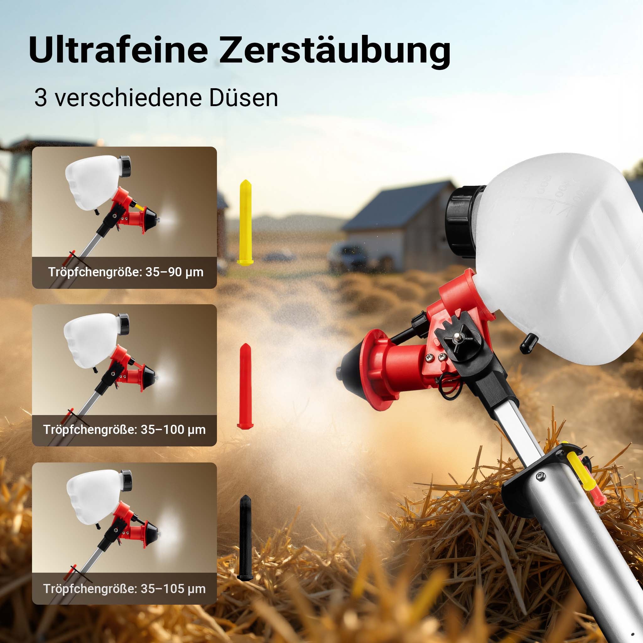 Spruzzatore a batteria MicroULV+ per depolverizzazione scuderia, 3 ugelli, angolo di spruzzo regolabile, Nebulizzatore a batteria max 20 ore