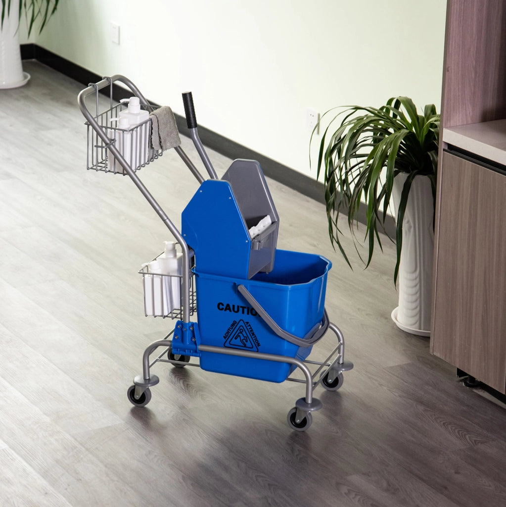 Carrello per pulizie blu 26 L con strizzatore, cestelli e ruote